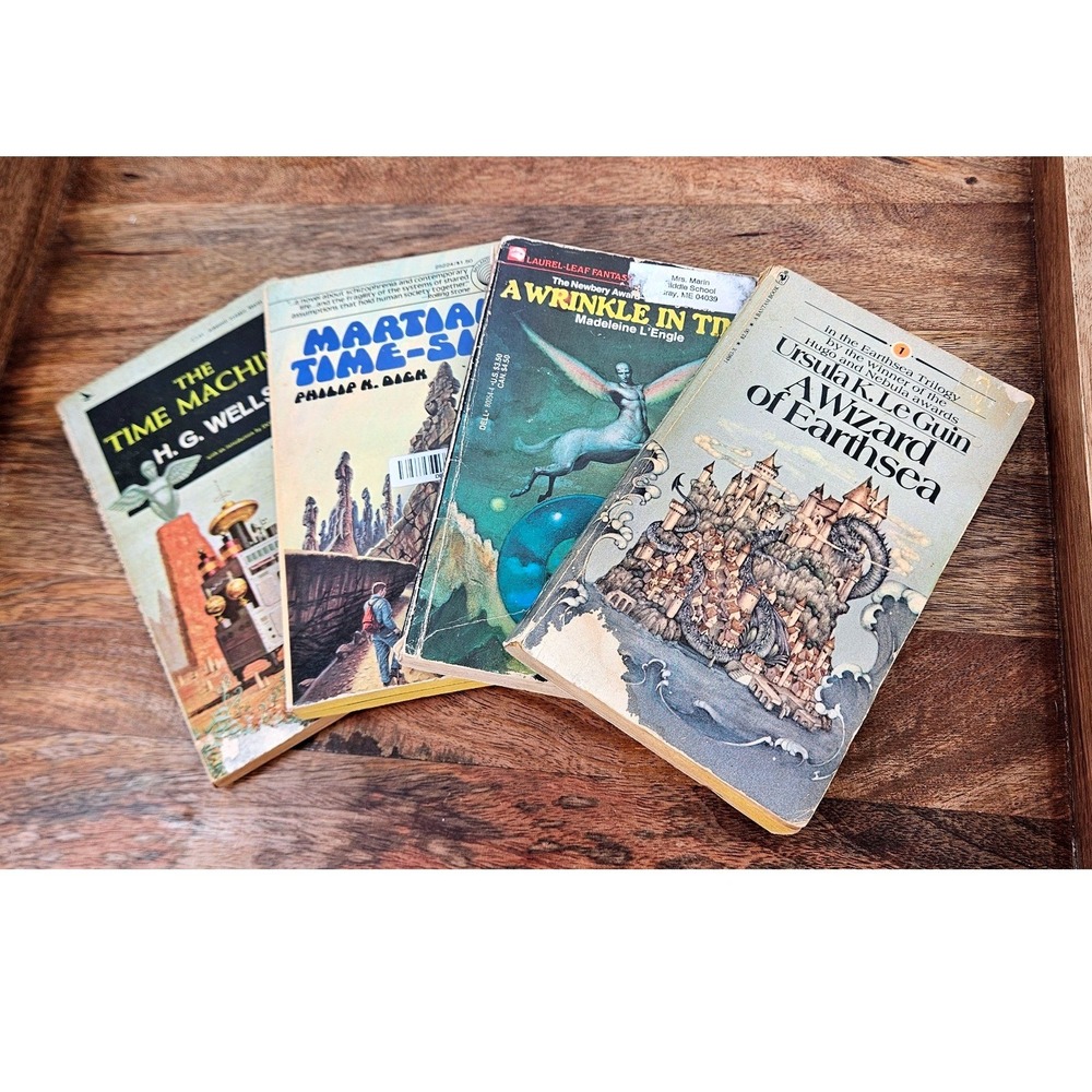 Vintage 60s Sci-Fi Fantasy Decorative Paperback Book Stack muted palette 4 Books